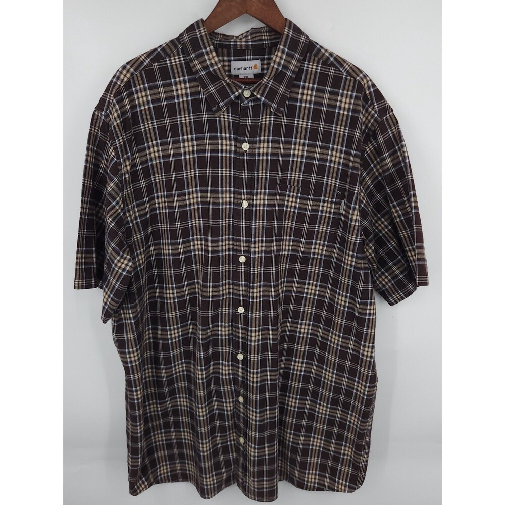 Carhartt Mens 2XL Tall Short Sleeve Button Down Shirt 2XLT Brown Plaid Flaw